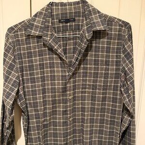 John Varvatos Casual Button Down Shirt Brown Tan Checkered Slim Fit Sz S LS